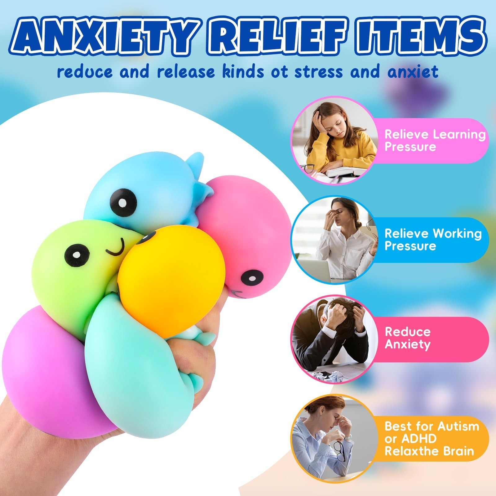 12 Pack Cute Octopus Stress Balls – Fidget Toys, Squishy Squeeze Balls, Party Fa