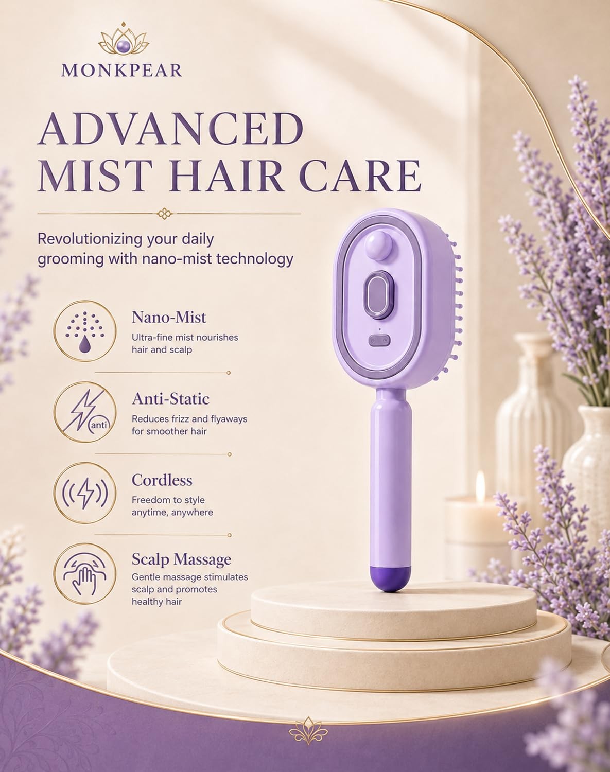 Electric Spray Air Cushion Massage Comb, Self-Cleaning Anti-Tangle Hair Brush