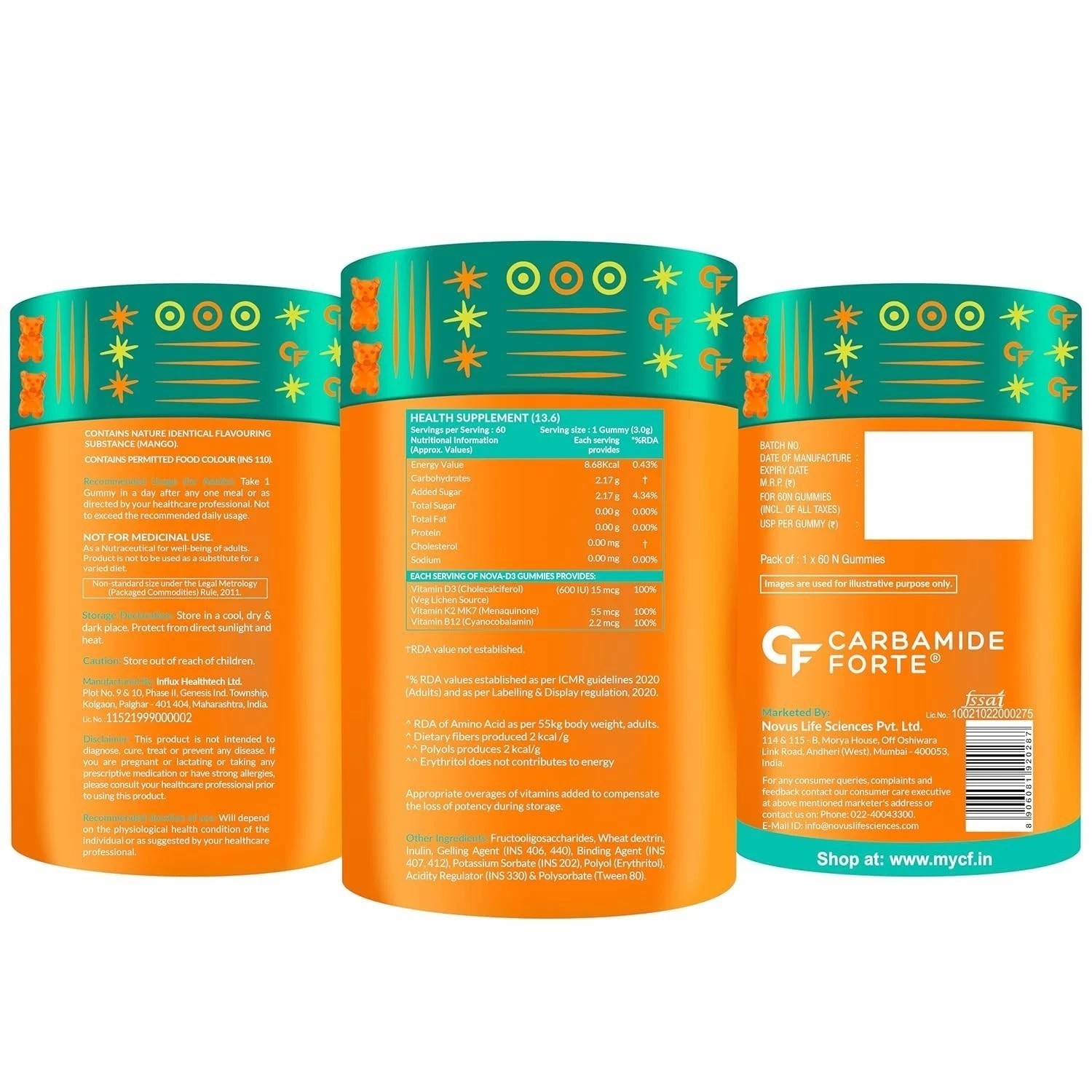 Carbamide Forte Vitamin D3 K2 MK7 & B12 Gummies Mango Flavour 60 Gummies