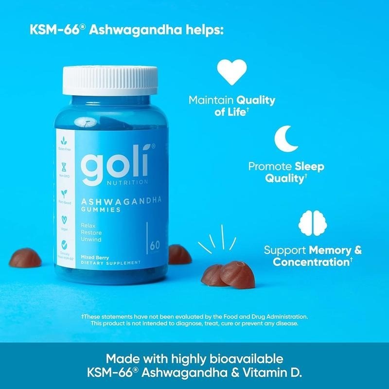 Goli Ashwagandha & Vitamin D Gummy Mixed Berry KSM-66, Vegan, Non-GMO 60 Count