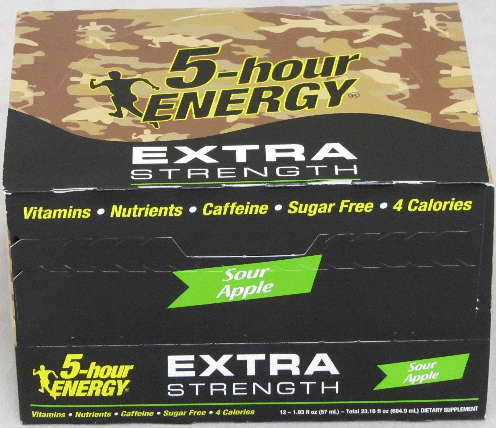 5 Hour Energy Extra Strength Sour Apple Camo 12 Count Box 1.93 oz Shots Hr Five