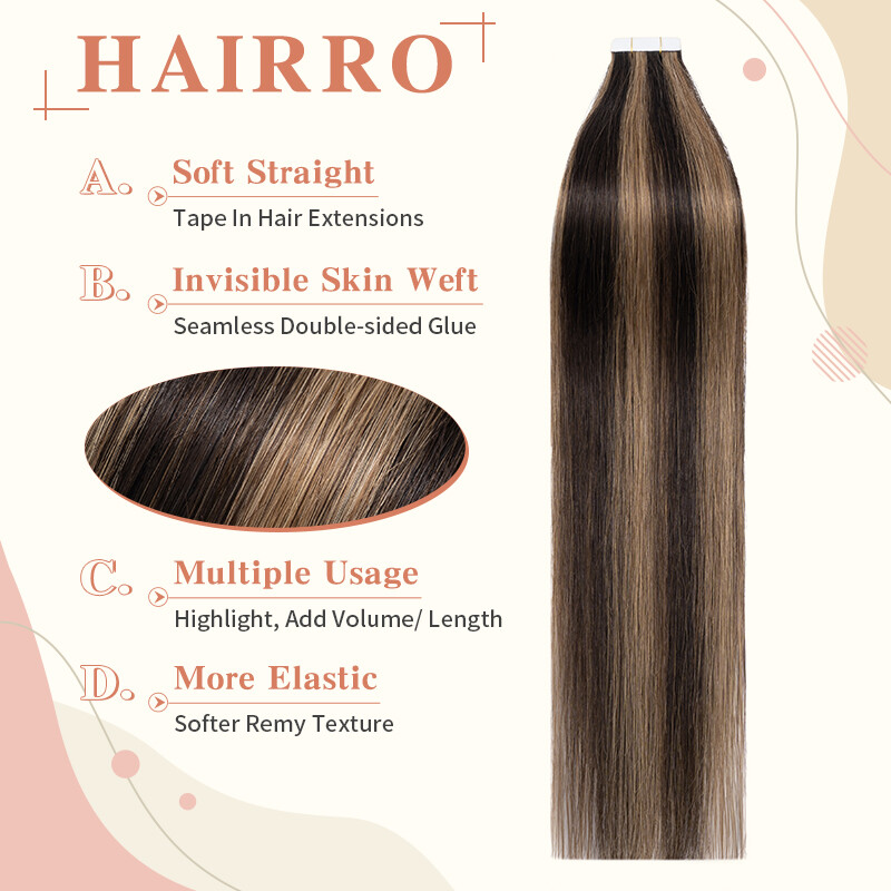 HAIRRO-USA Tape In 100% Human Hair Extensions Invisible Remy Hair Thick End 50GR