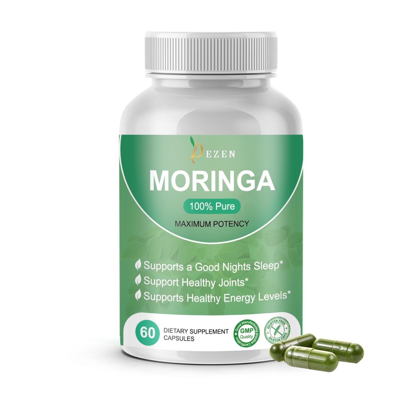 DEZEN Organic Moringa Powder Capsules, Superfood, 60 Caps Each, Vegan, Non‑GMO