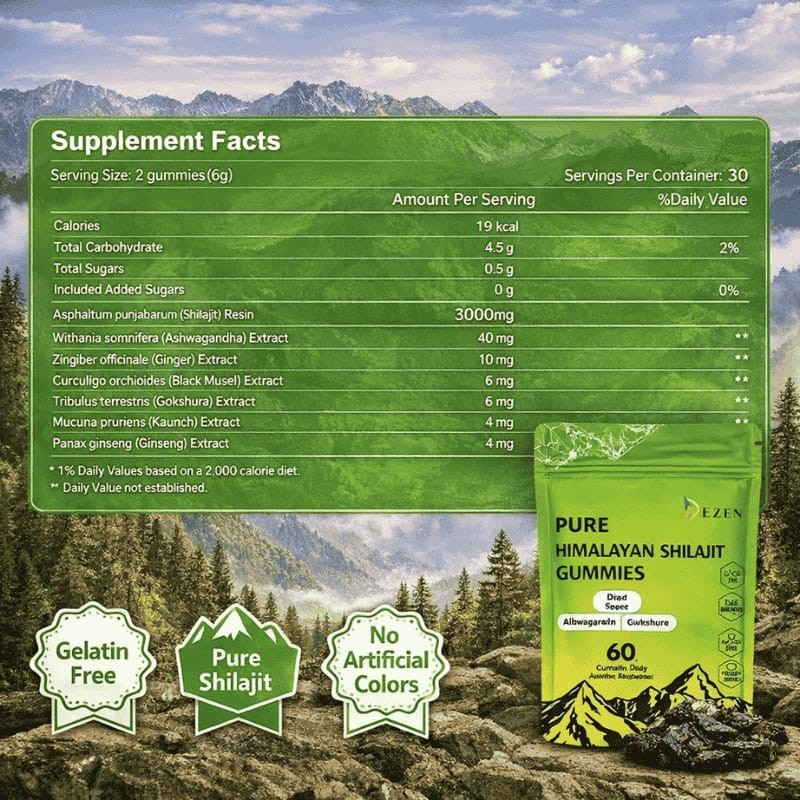 DEZEN Himalayan Shilajit Gummies 3000mg with Ashwagandha 60Pcs Vitality Boost
