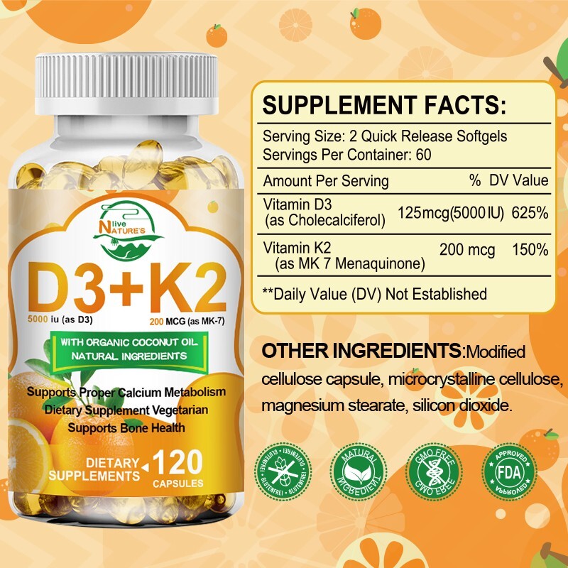 Vitamin D3 5000 IU + K2 200mcg 120 Capsules Extra Strength D3 K2 Supplements