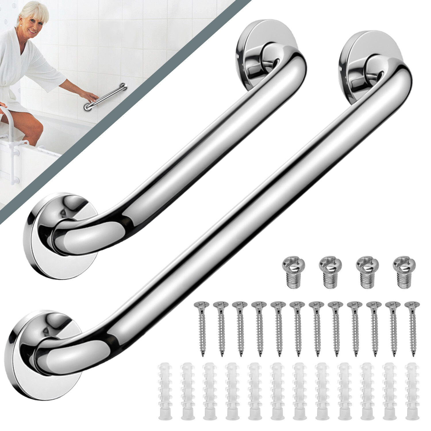 2PCS Stainless Steel Grab Bar Bathroom Safety Handicap Shower Tub Handle Support
