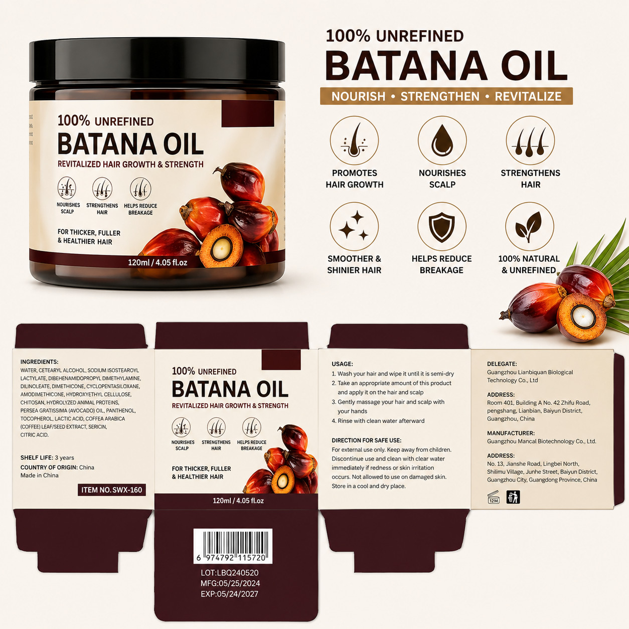 100% Batana Oil Hair Growth Treatment for Thicker Fuller Hair 120g
