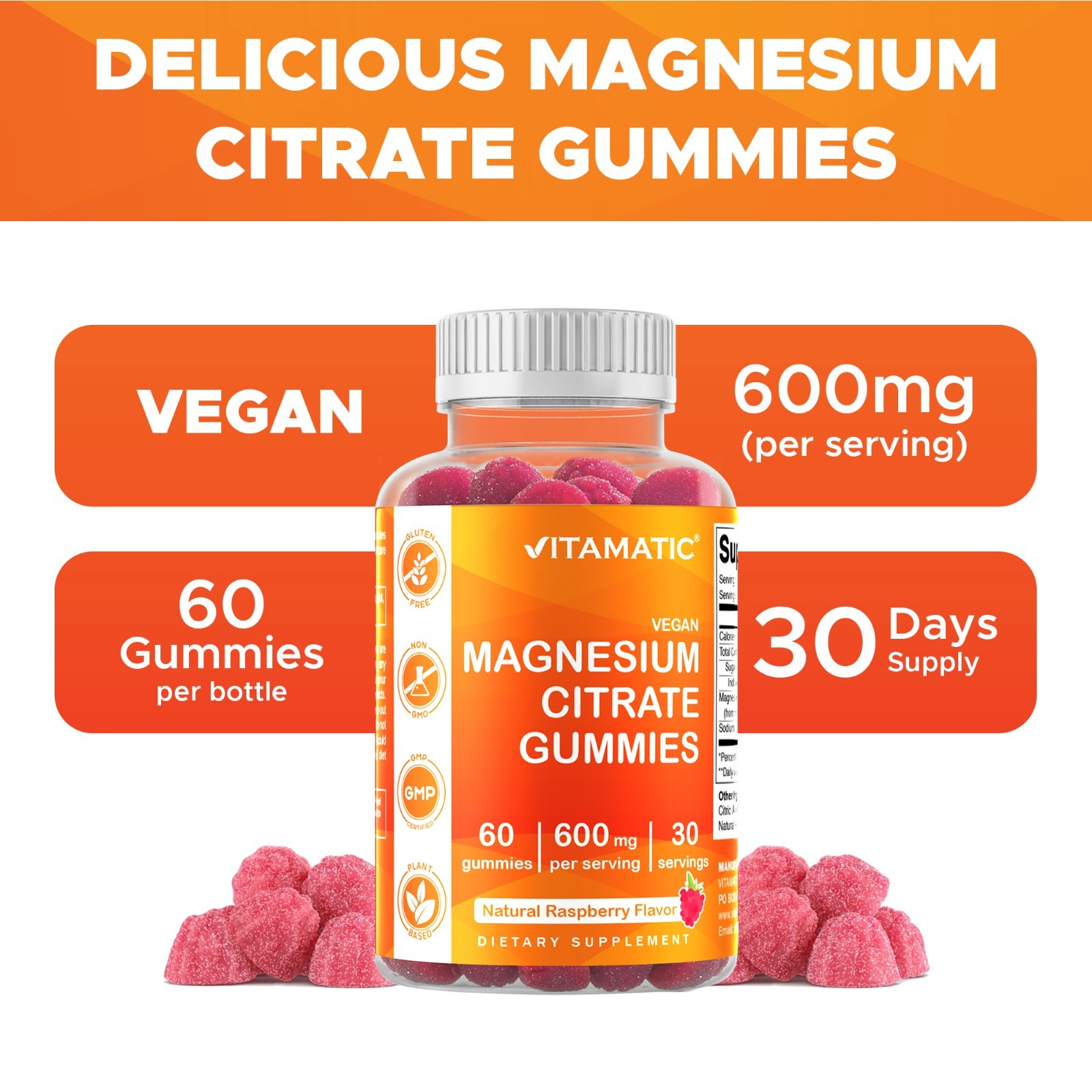 2 Pack Vitamatic Magnesium Citrate Gummies 600mg per Serving – 60 Vegan Gummies