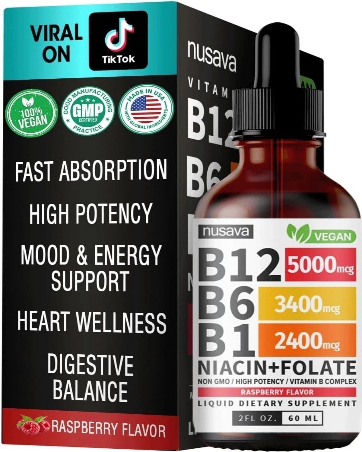 Nusava Vitamin B complex – B 12, B 6 & B 1 + Niacin & Folate – Double pack NEW