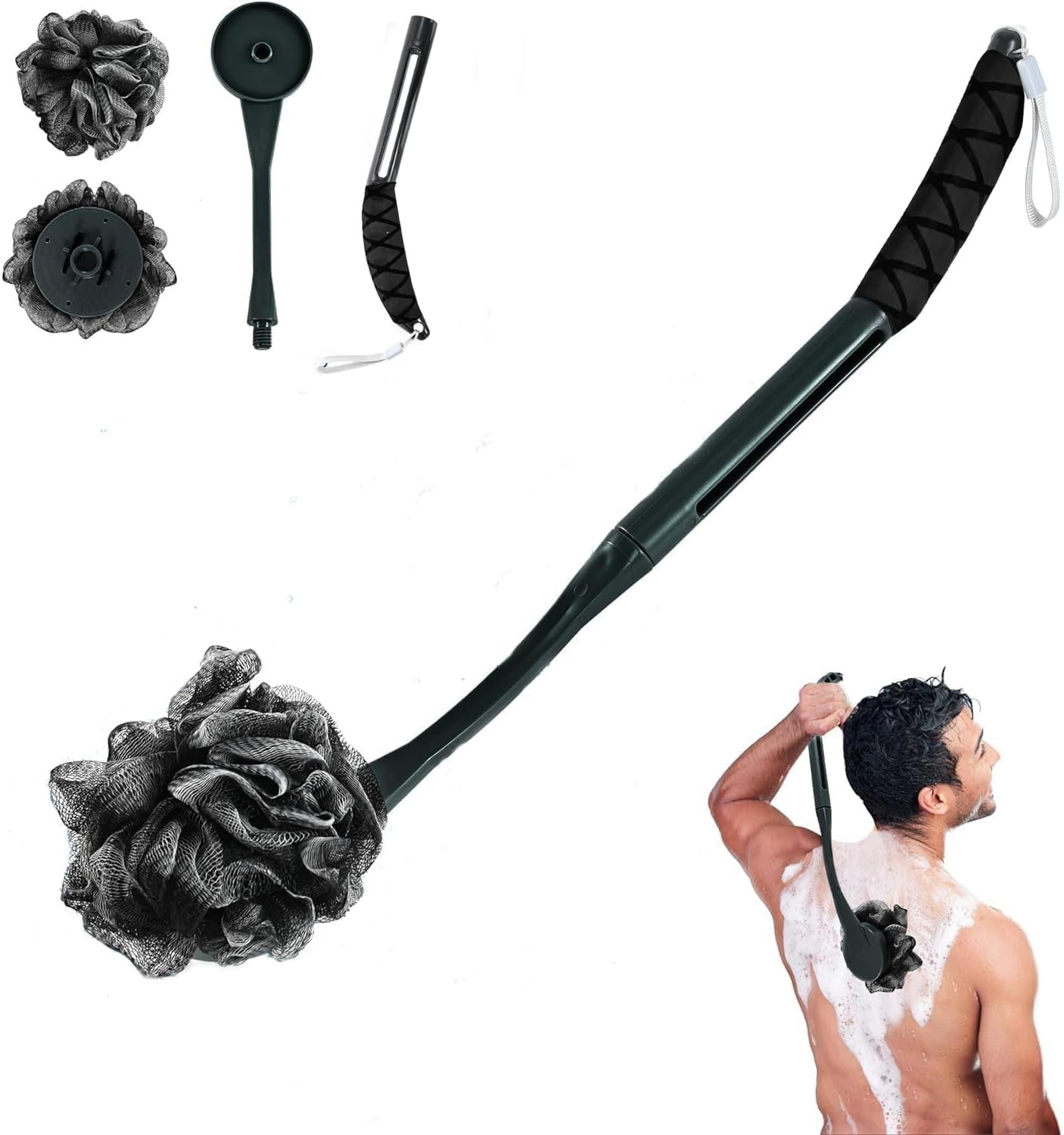 20.5″ Loofah with Handle Replaceable Shower Body Scrubber Dark Black Men