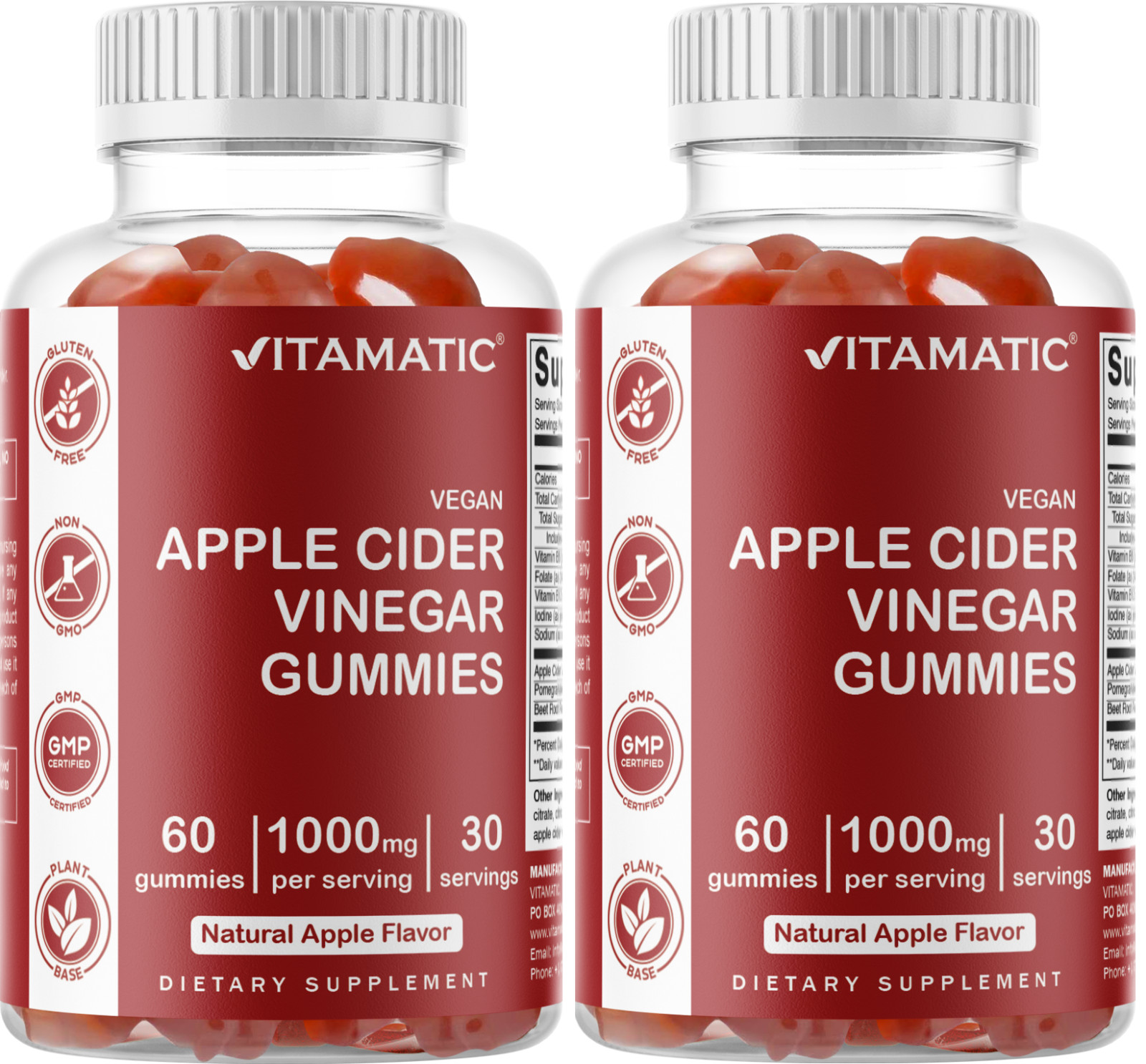 2 Pack Vitamatic Apple Cider Vinegar Gummies 1000mg per Serving – 60 Veg Gummies