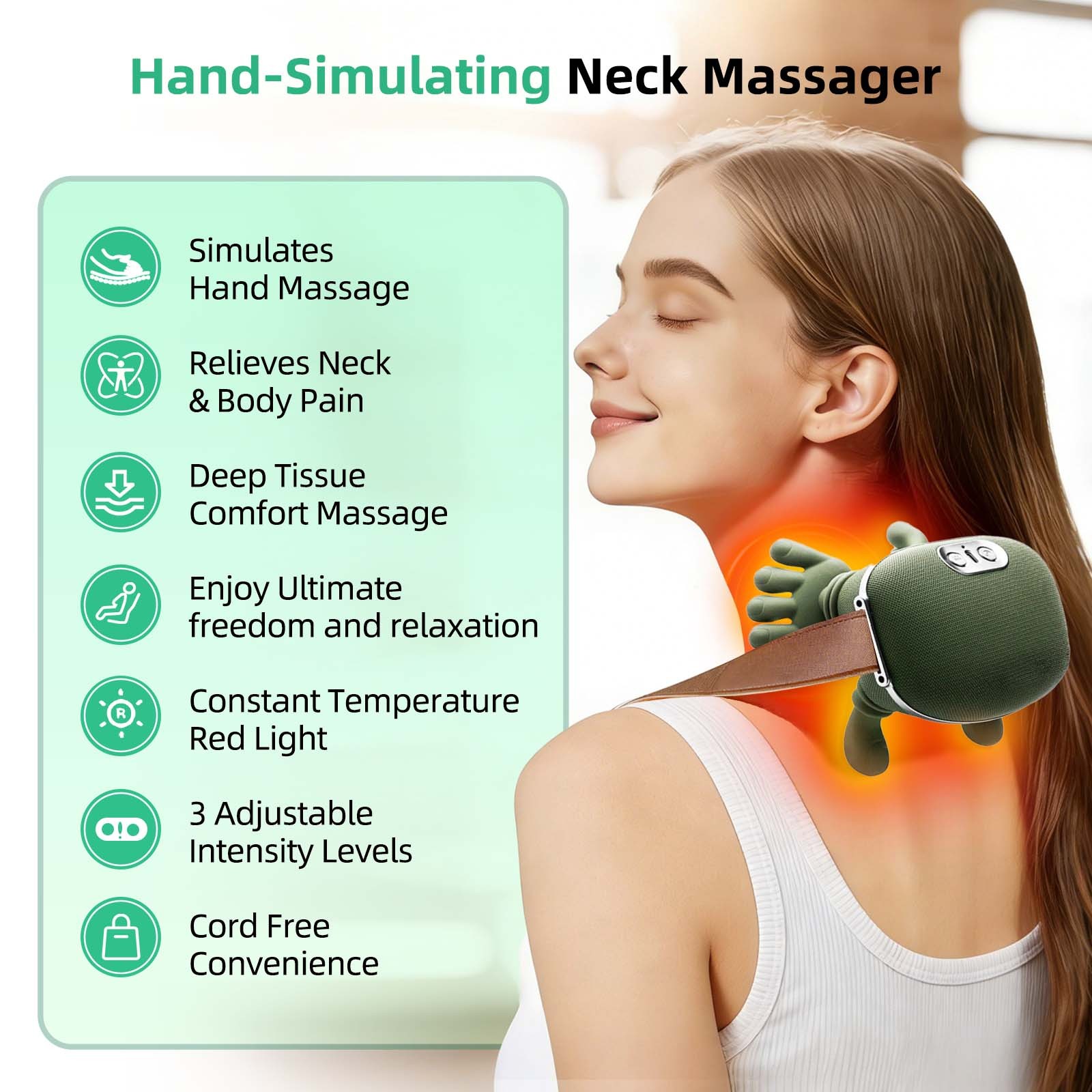 Wearable Neck Massager Designed for Daily Use w/ Quiet Shiatsu Soft Heat Relief