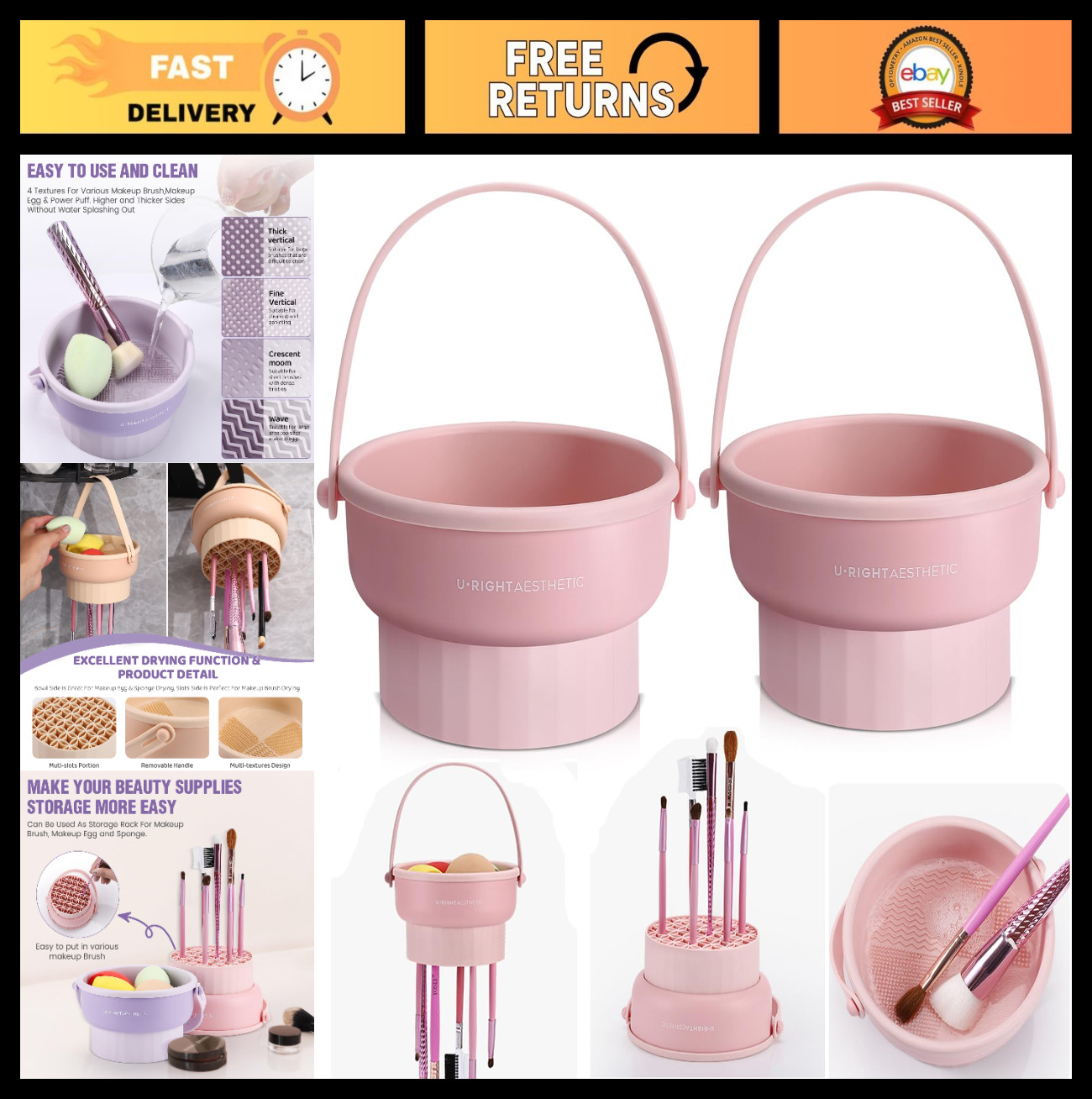 2 Pack Silicone Makeup Brush Cleaner Mat & Bowl – 3 in 1 Scrubber Tool, Pink