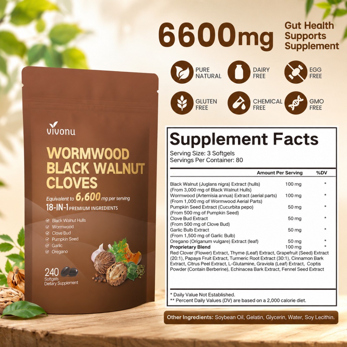 Wormwood Black Walnut Clove Softgels,18-in-1 Herbal 6600mg Gut Cleanse,240 Count