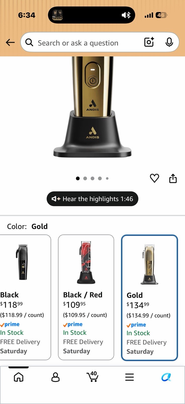 Andis Envy II Premier Cord/Cordless Clipper Gold Charging Stand 561566