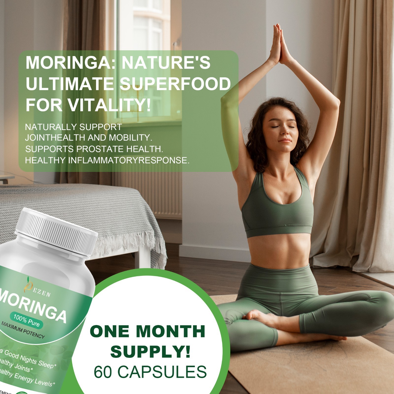 DEZEN Organic Moringa Powder Capsules, Superfood, 60 Caps Each, Vegan, Non‑GMO