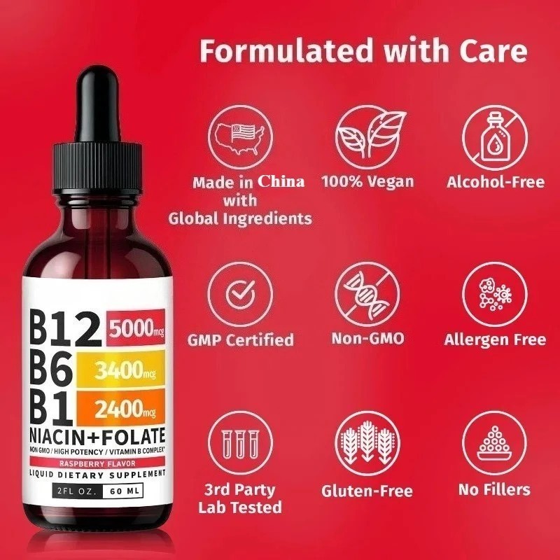 2-Bottles Vitamin B12 and B6 Liquid Drops B12 Complex – B1 Sublingual Vitamin B