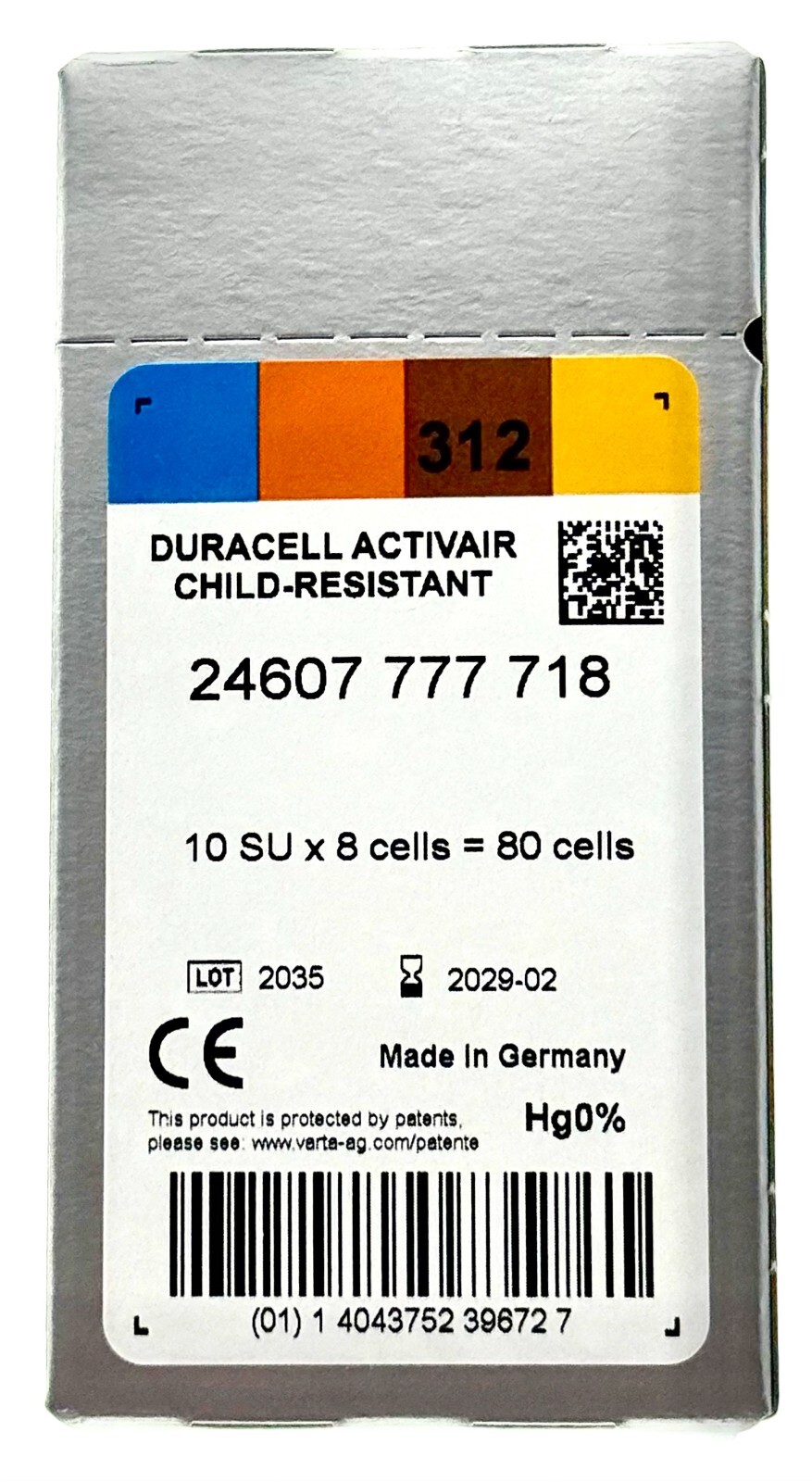 Duracell Activair Hearing Aid Batteries: Size 312 (80 Batteries) Exp 2027