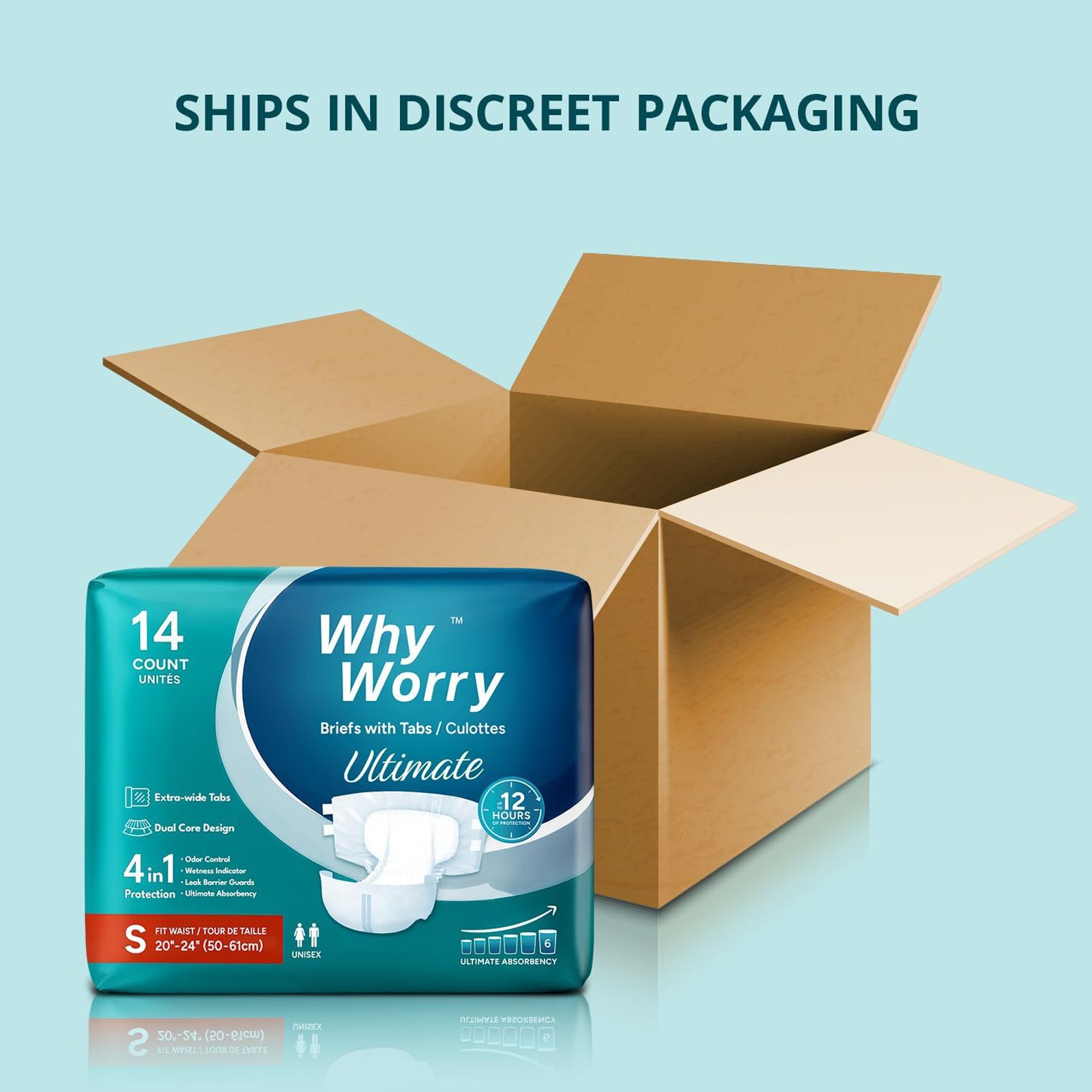 WHYWORRY Adult Unisex Briefs with Tabs, Ultimate Absorbency, Small, 14 Count