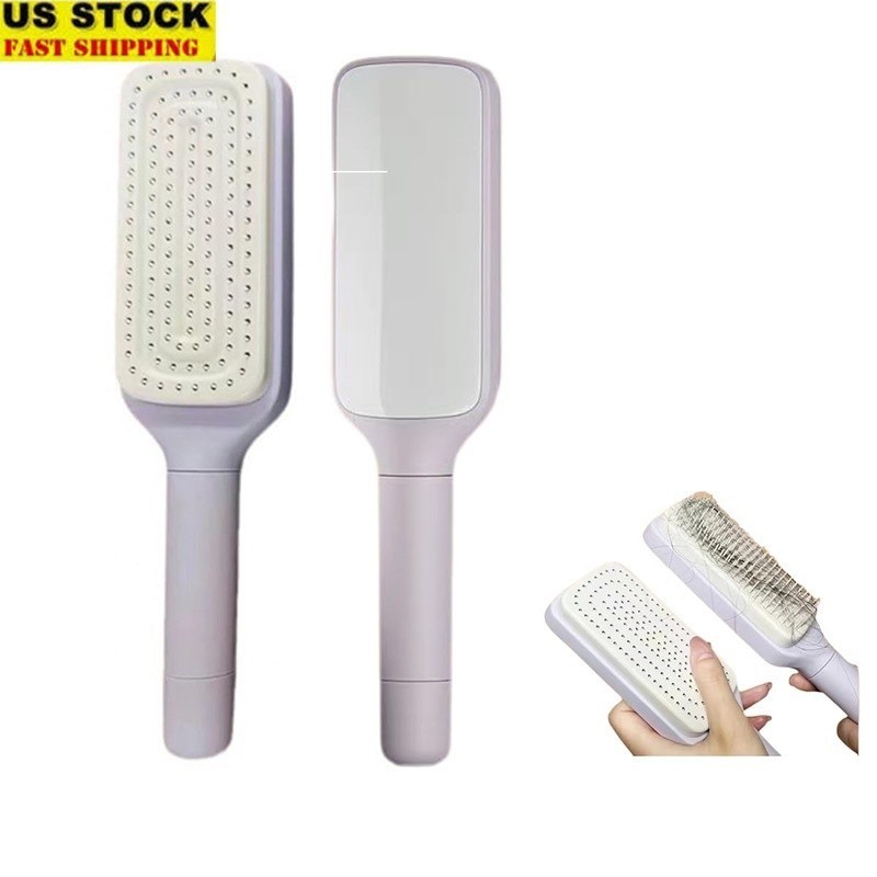 Self-Cleaning Hair Brush Rotating Handle Anti-Static Detangling Comb All Hair US
