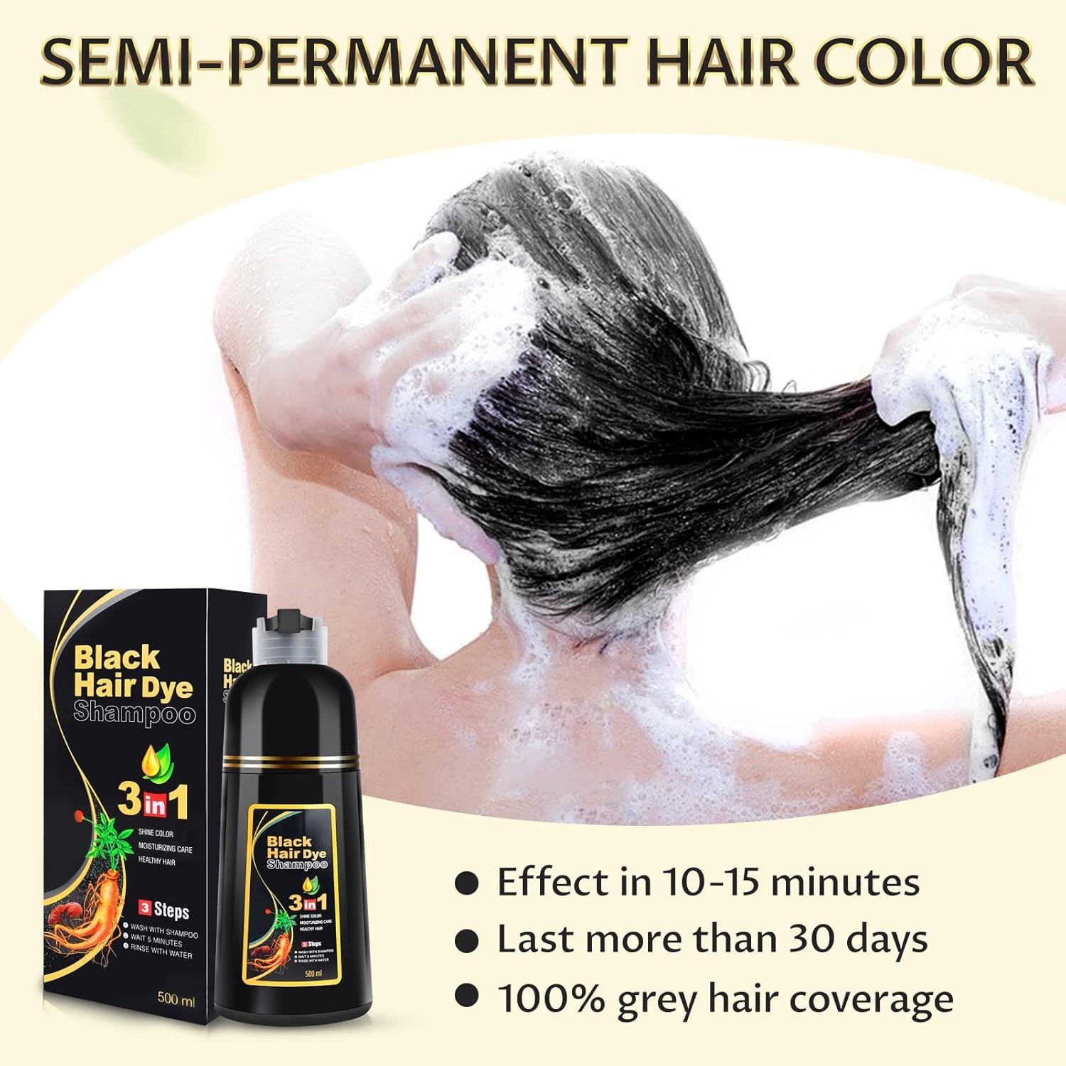 Black Hair Dye Shampoo 3 in 1 Semi Permanent Hair Color Shampoo for Gray Hair
