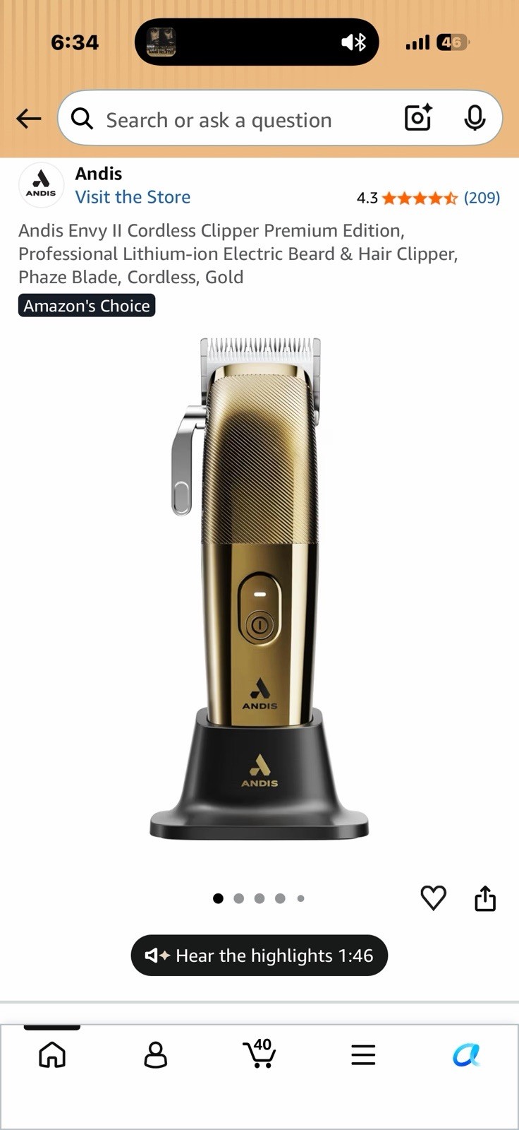 Andis Envy II Premier Cord/Cordless Clipper Gold Charging Stand 561566