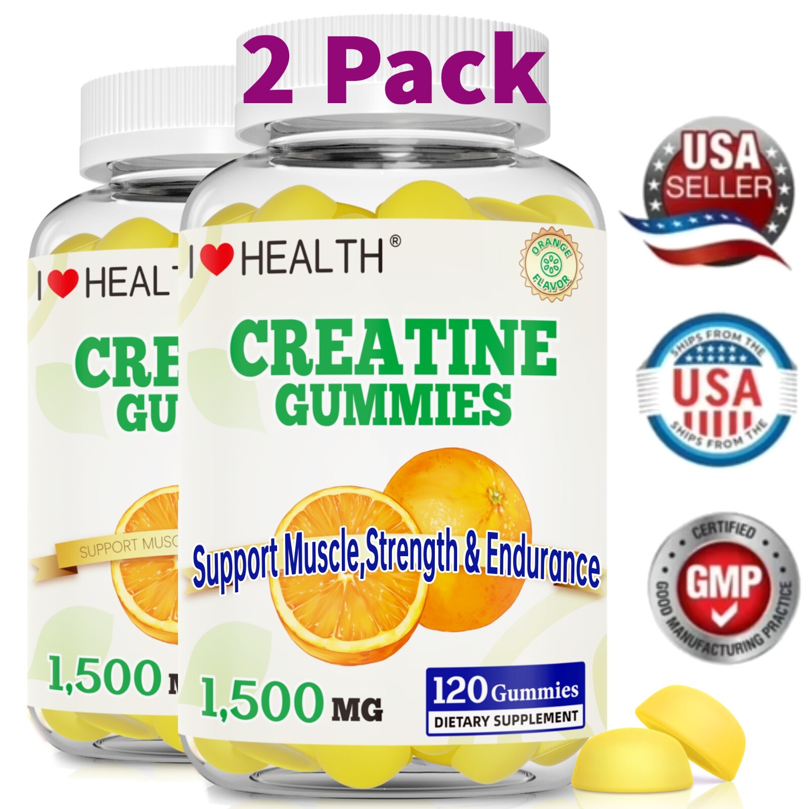 2 Pack Creatine Gummies 1500mg per Serving, Support Muscle Gain, More Strength