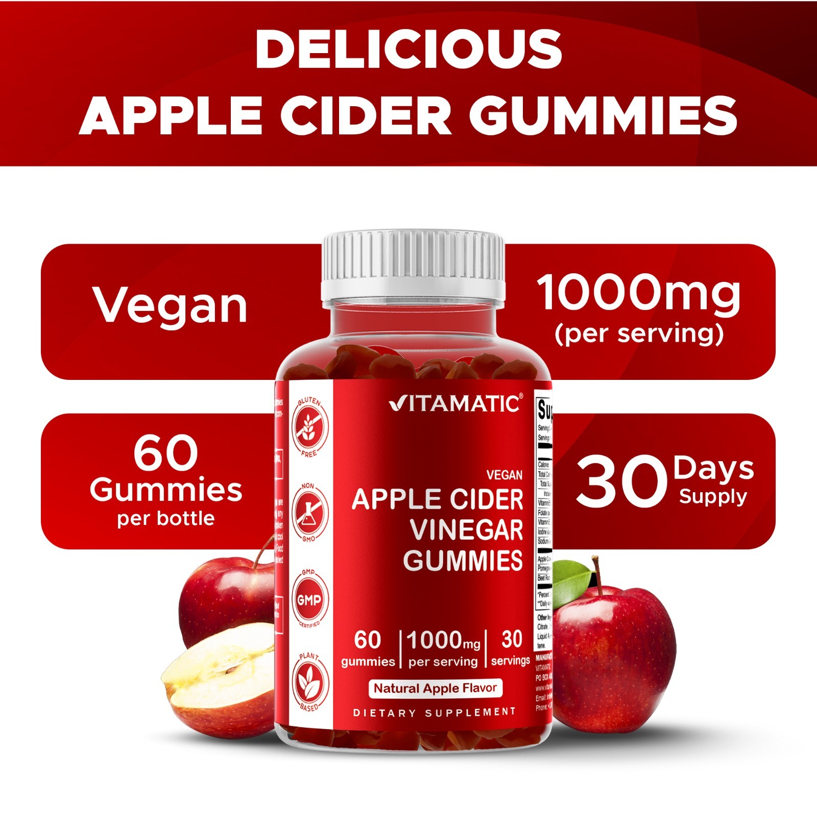 2 Pack Vitamatic Apple Cider Vinegar Gummies 1000mg per Serving – 60 Veg Gummies