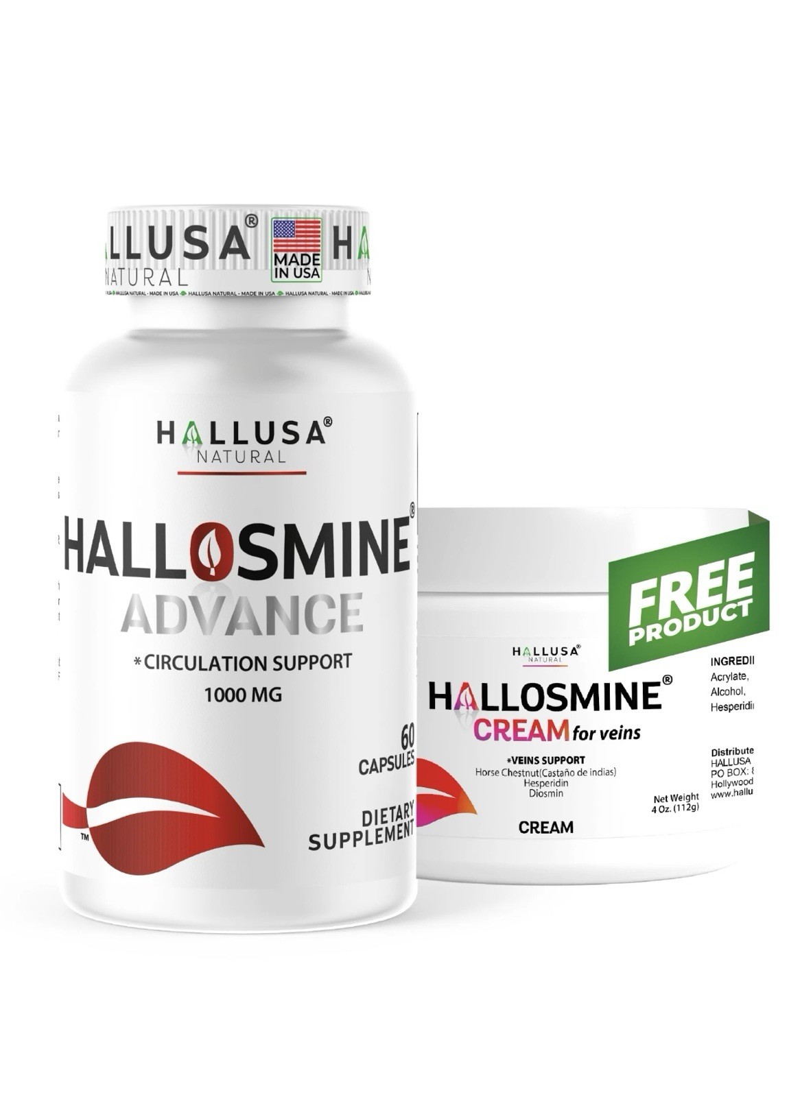 Hallusa Natural Hallosmine Advance 1000mg Diosmin 60 ct + FREE Leg Cream 4 oz