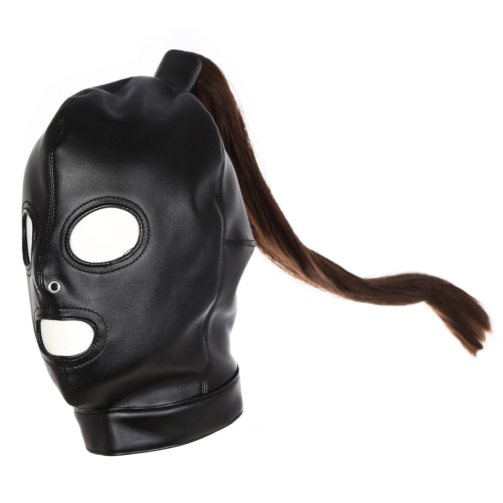 Adult Unisex PU Leather Gimp Head Harness Headgear Hood Party Mask Ponytail Wigs