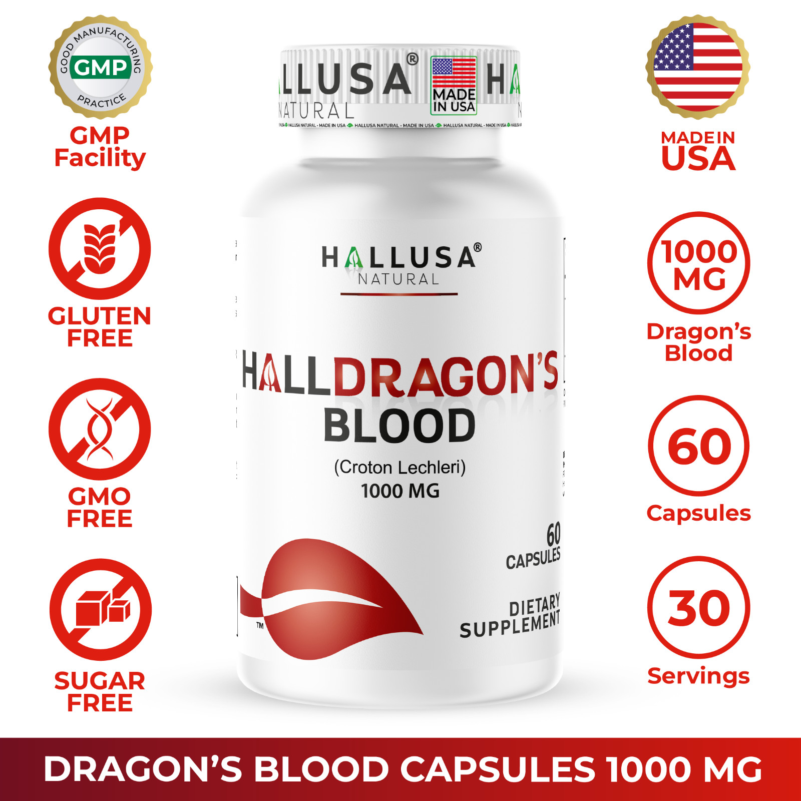 Hallusa Natural Dragon’s Blood capsules 1000mg – Croton Lechleri – 60 Count
