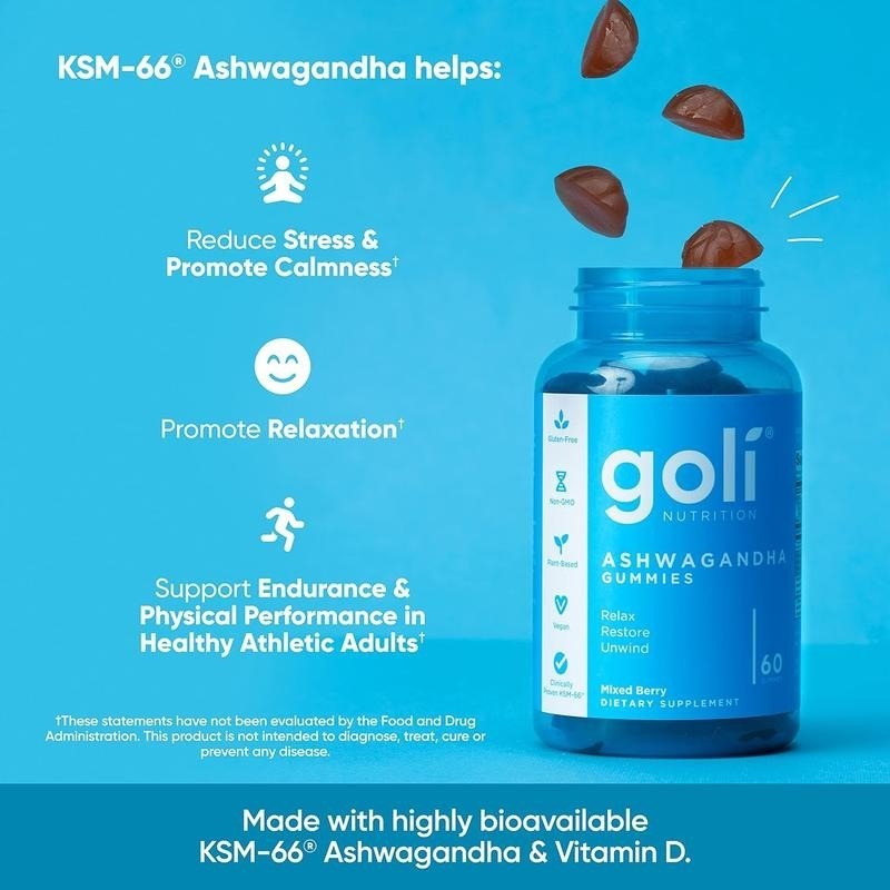 Goli Ashwagandha & Vitamin D Gummy Mixed Berry KSM-66, Vegan, Non-GMO 60 Count