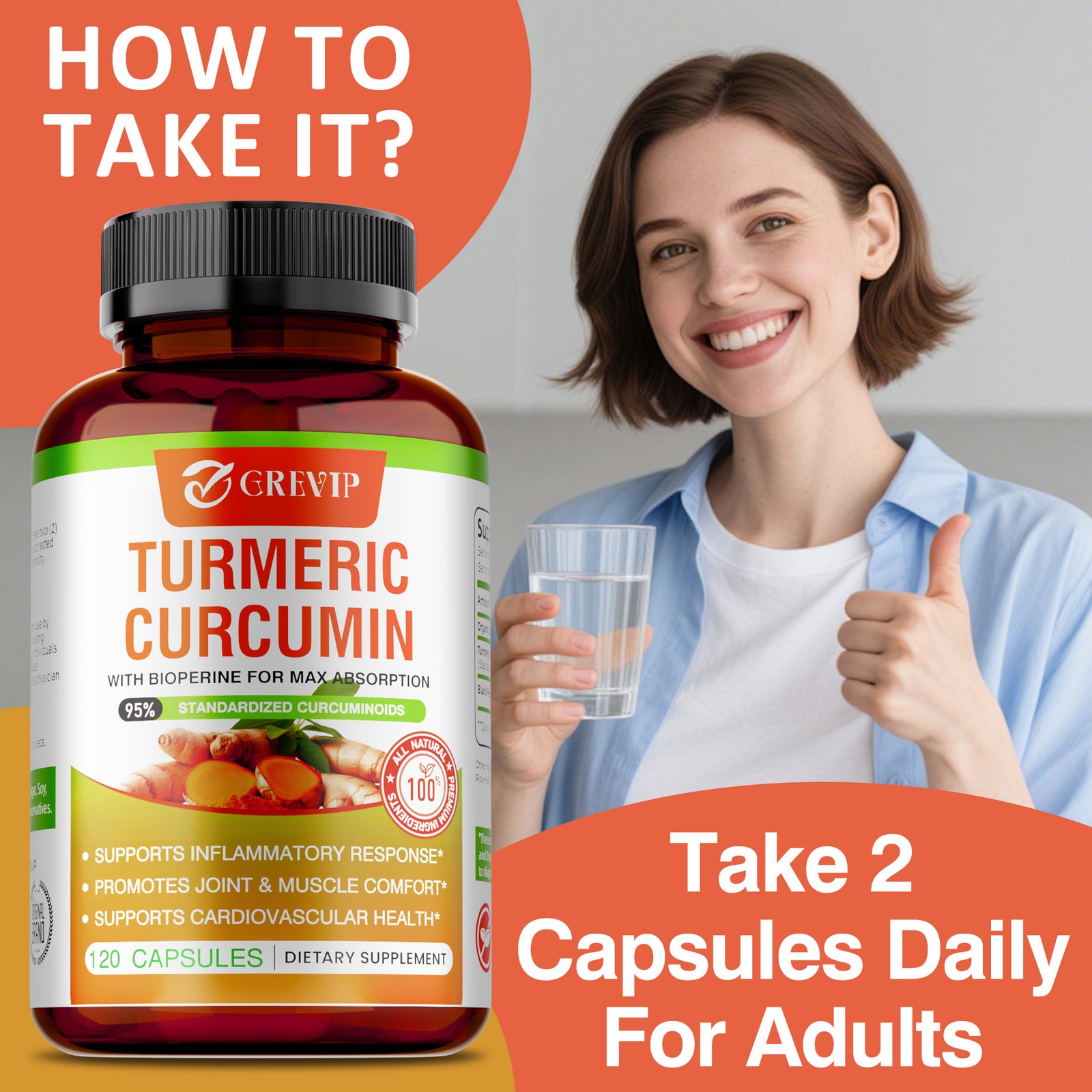 Turmeric Curcumin Supplement 120pcs – Improves Digestion and Absorption, Non-GMO