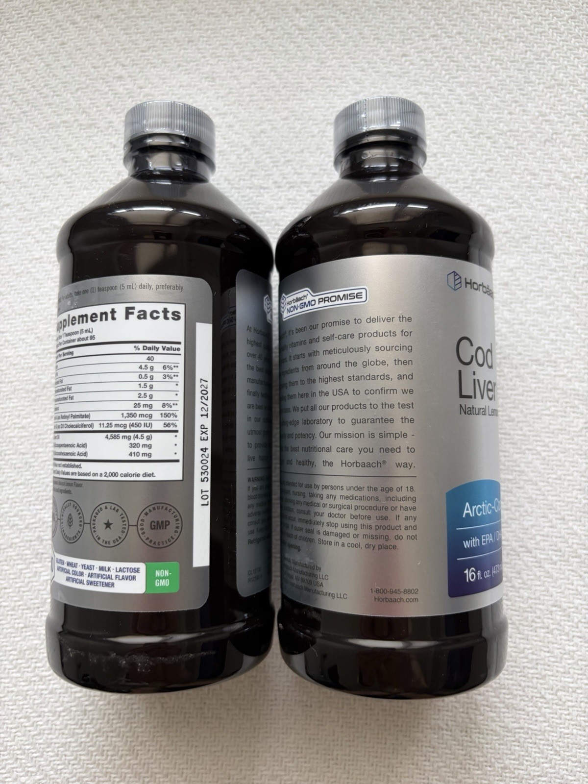 Horbaach Arctic Cod Liver Oil Liquid 16 oz (2 Bottles) Lemon EPA/DHA Exp 12/2027