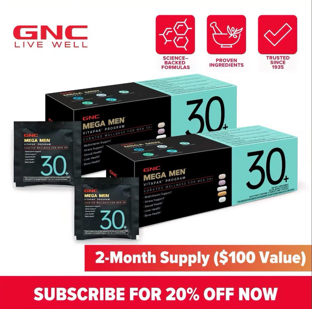 GNC Mega Men Vitapak Program 30+ Daily Vitamins for Men 1-Month Supply