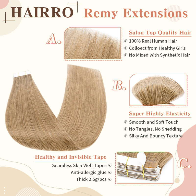 HAIRRO-USA Tape In 100% Human Hair Extensions Invisible Remy Hair Thick End 50GR