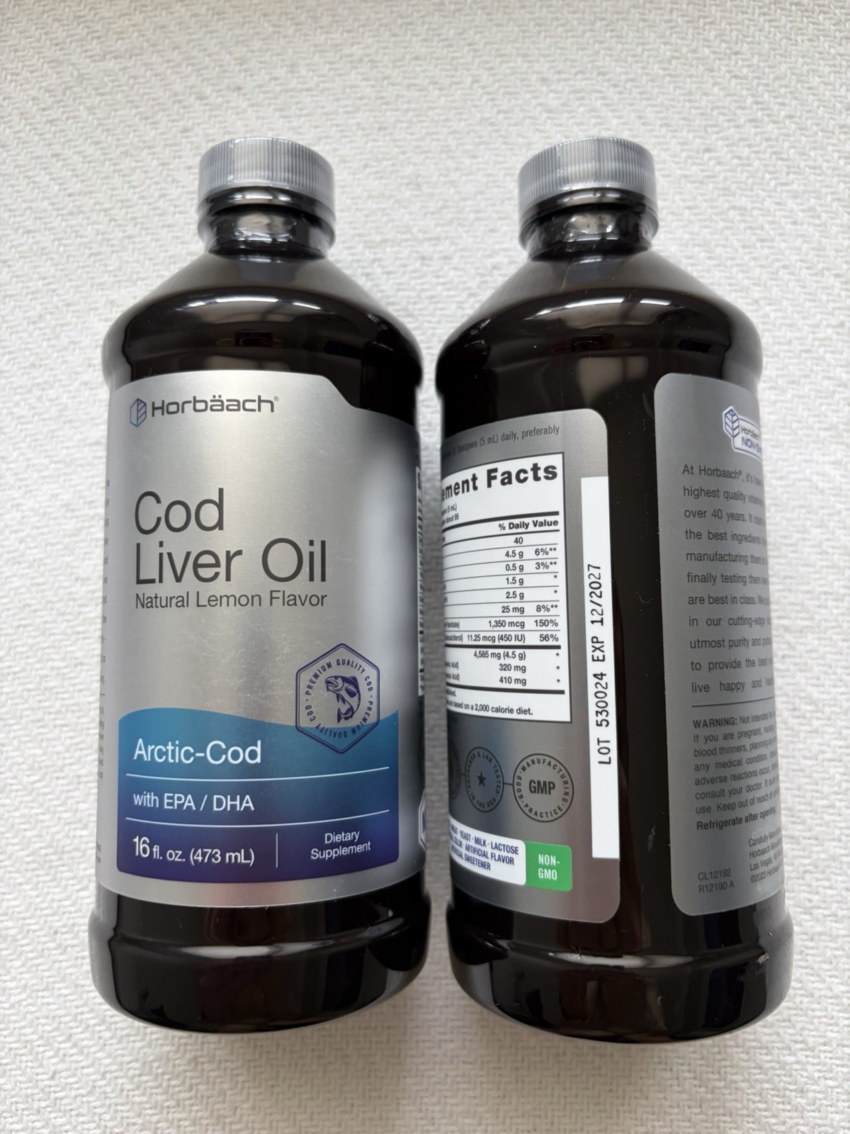 Horbaach Arctic Cod Liver Oil Liquid 16 oz (2 Bottles) Lemon EPA/DHA Exp 12/2027