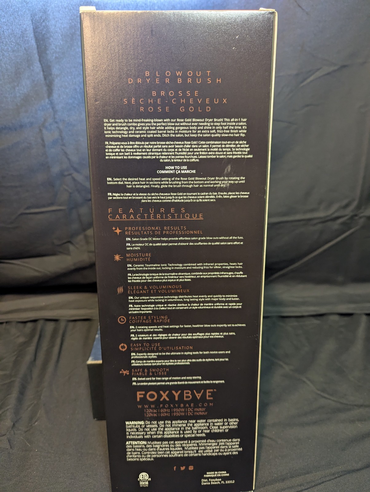 FoxyBae Rose Gold Blowout Dryer Brush 3in 950W 385°F 3 Heat/Speed Black
