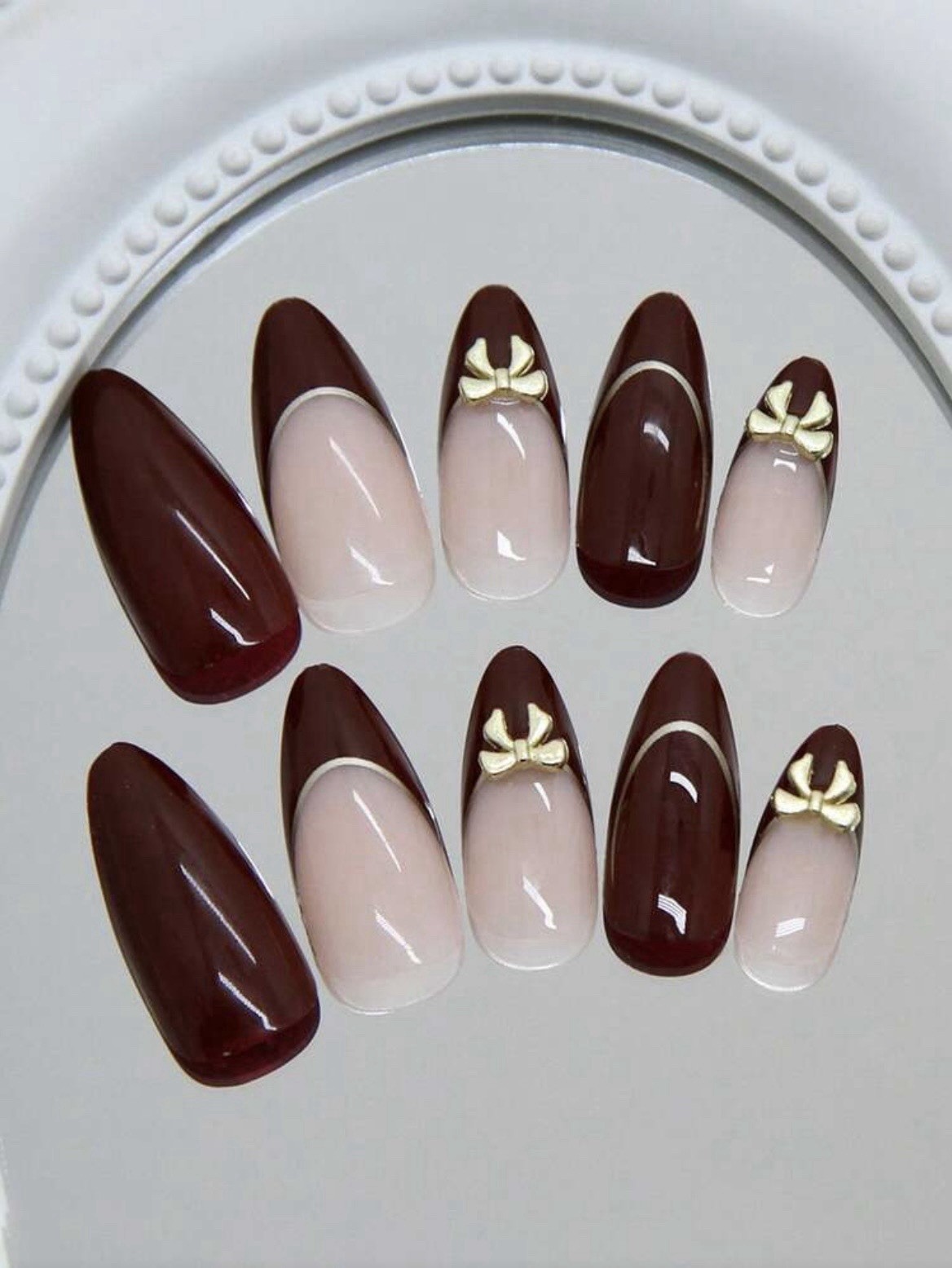 24pcs Medium Almond Press-On Nails Vintage Red/Gold Line French Y2K w/ Bow Decor
