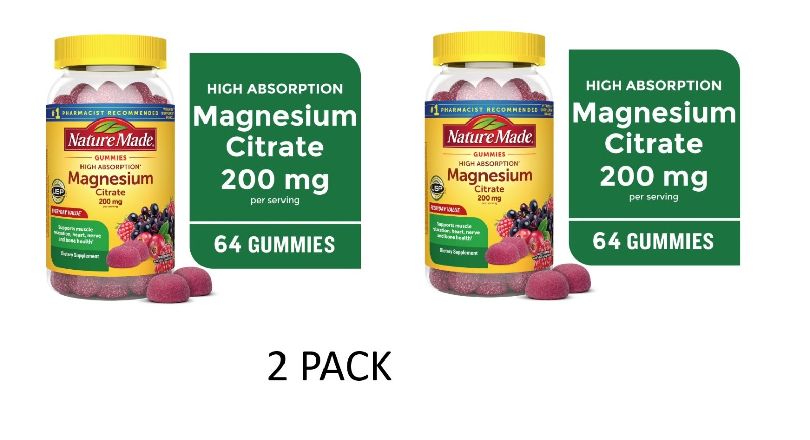 2 PACK High Absorption Magnesium Citrate 200 Mg per Serving Gummies, 64 Count