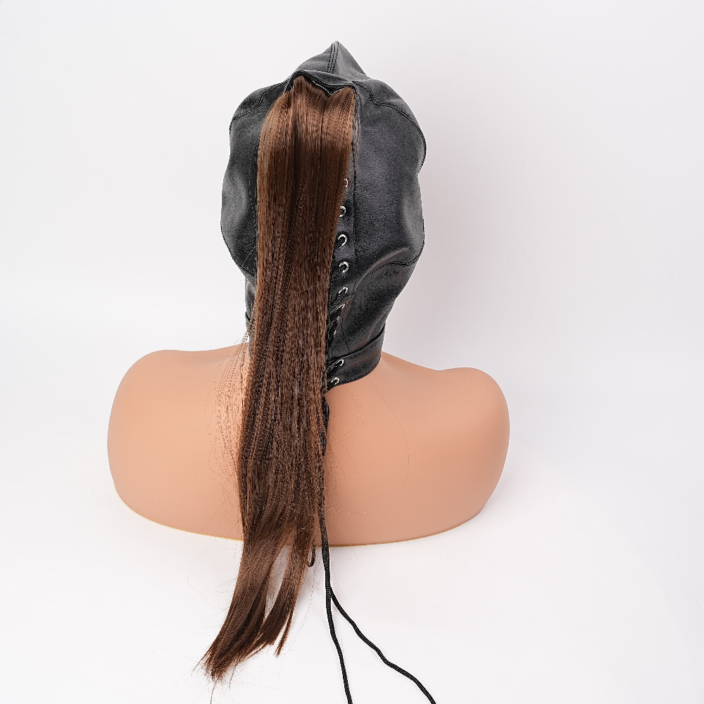 Adult Unisex PU Leather Gimp Head Harness Headgear Hood Party Mask Ponytail Wigs