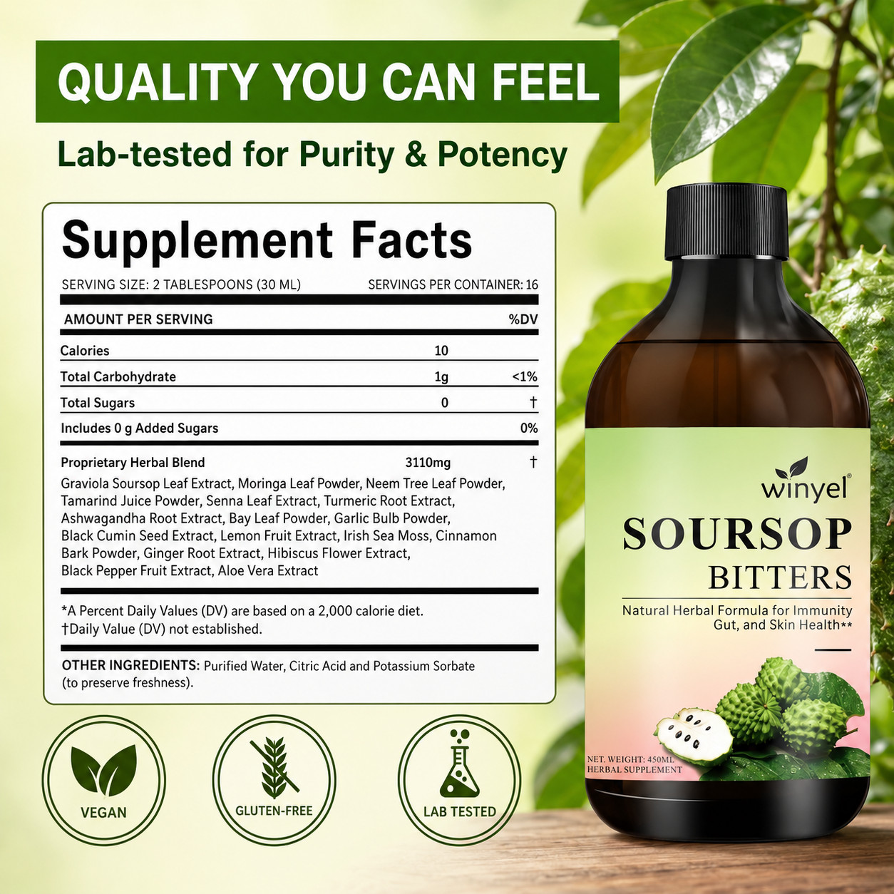 Soursop Bitters, 100% Pure Natural Organic Detox Herb 16 oz