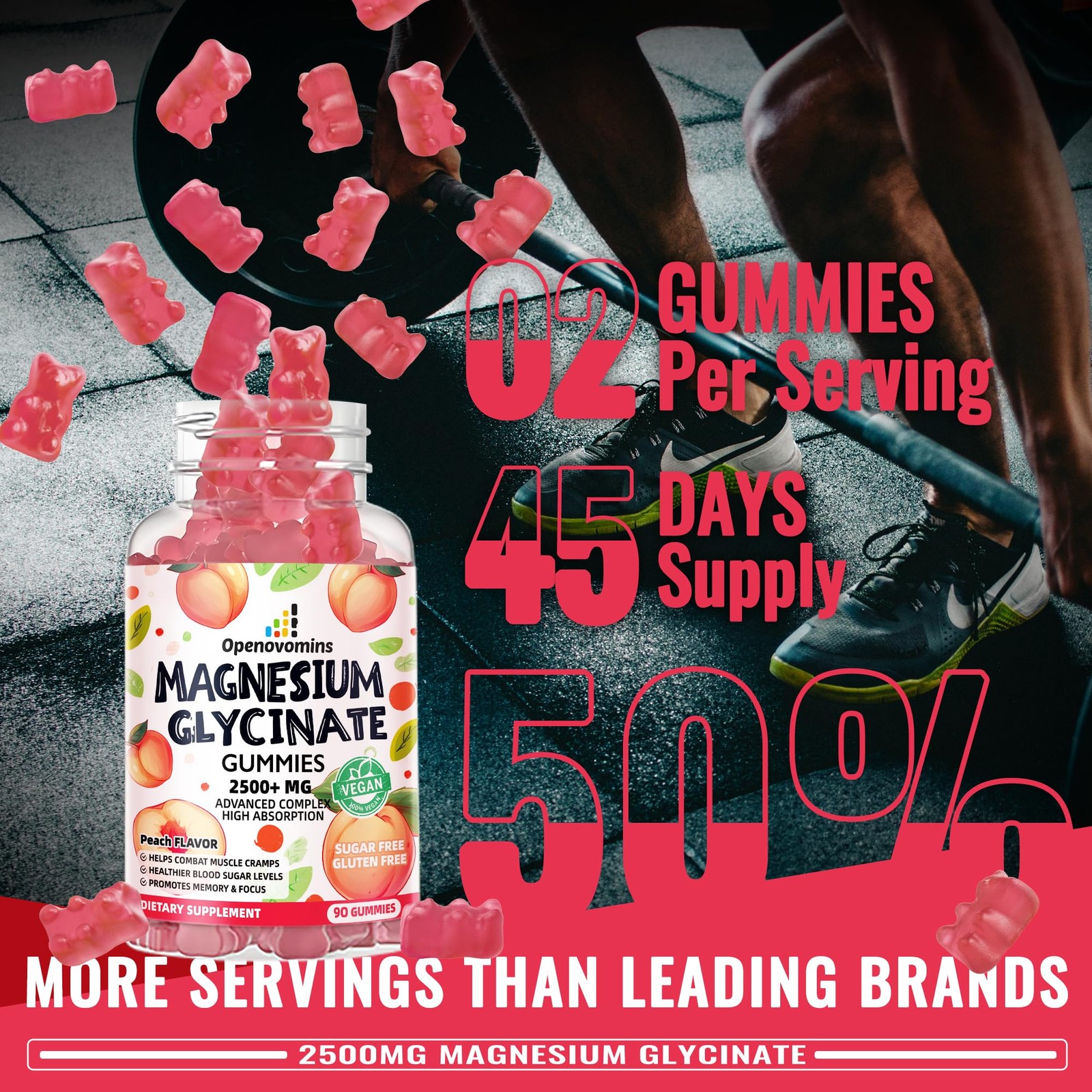 Magnesium Glycinate Gummies 2500mg – Sugar Free 90 Count (Pack of 1), Peach