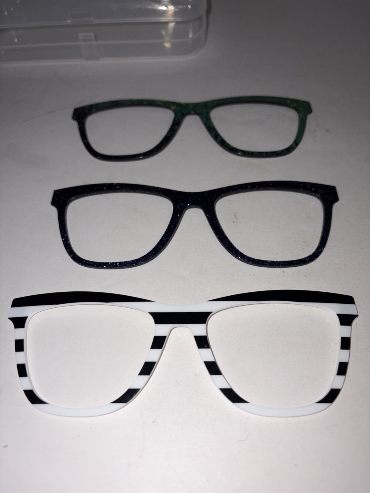 3 Pair eyewear toppers Harper Purple White Black Strip Green Black W/case