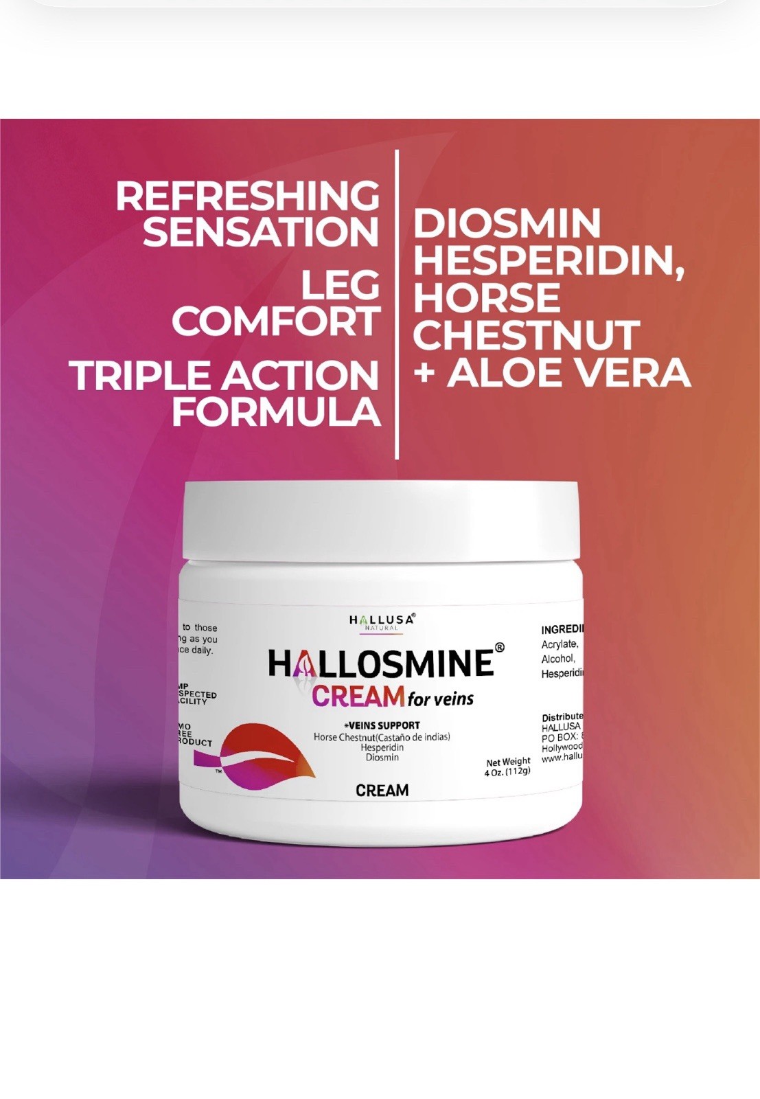 Hallusa Natural Hallosmine Advance 1000mg Diosmin 60 ct + FREE Leg Cream 4 oz