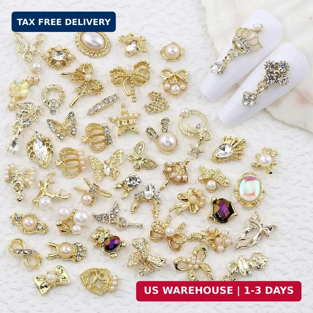 50pcs Random Gold Nail Charms Luxury Nail Rhinestones Nail Gems 3D Alloy Flower