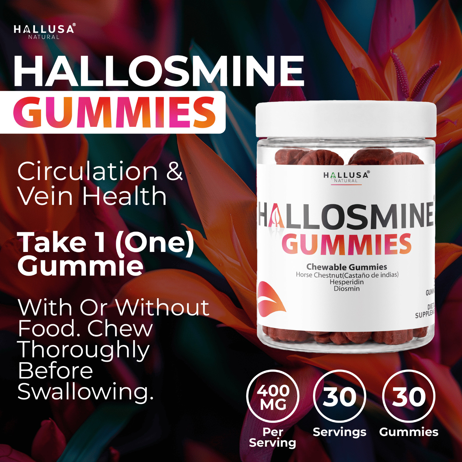 Hallusa Natural Hallosmine Gummies – Circulation & Leg Vein Support – 30 Gummies