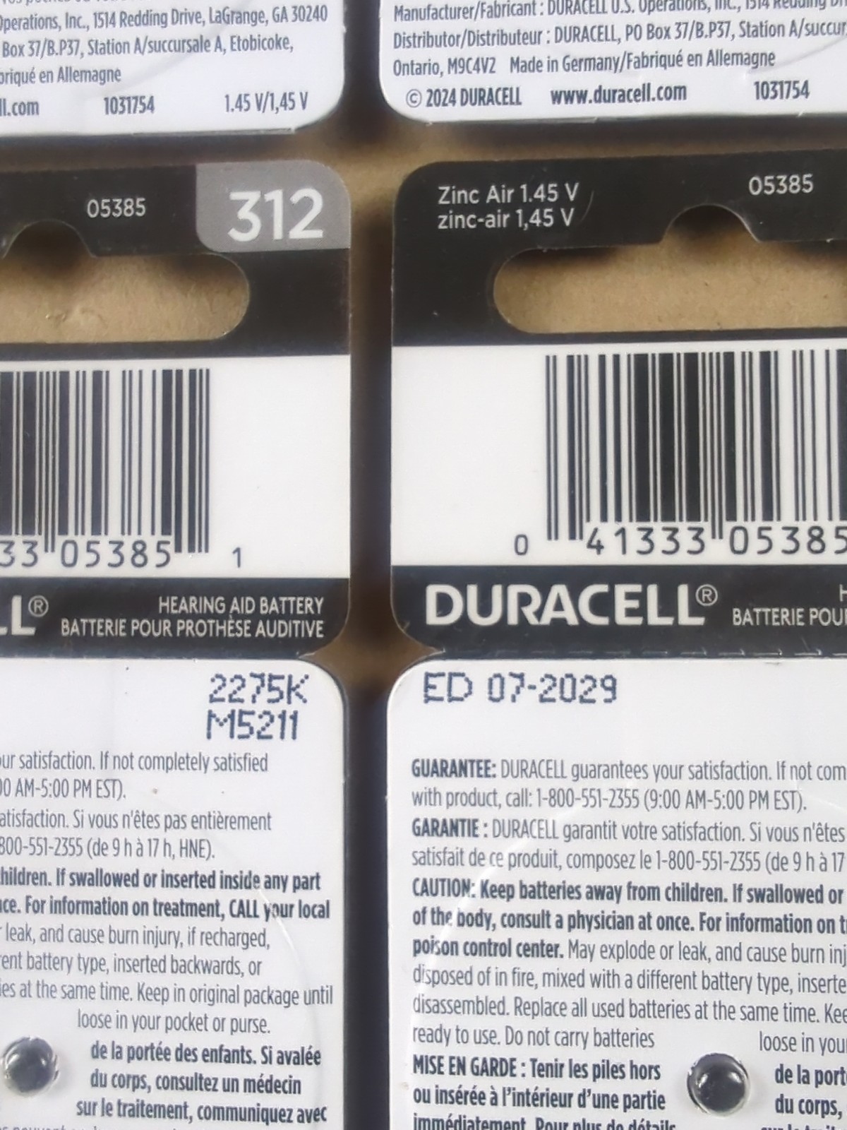 Duracell Hearing Aid Size 312 Batteries, 32 Count Exp. Date Is 7/2029