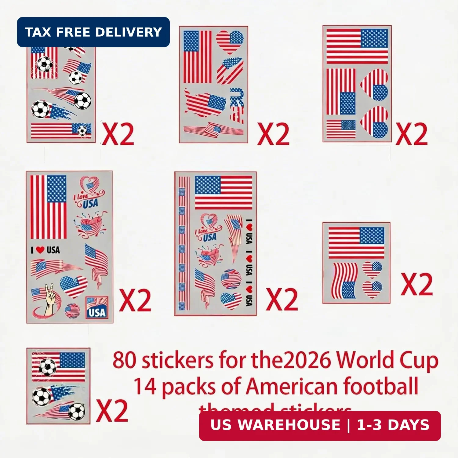 80PCS 2026 World Cup Stickers Temporary Tattoos, 14Pack United States Soccer Tea