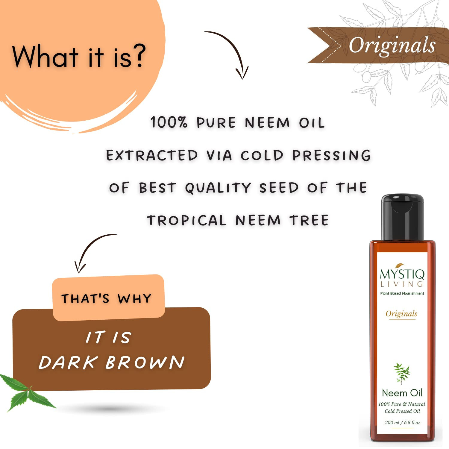 Mystiq Neem Oil for Hair & Skin Removes Dandruff Acne Natural Plant Extract 200m